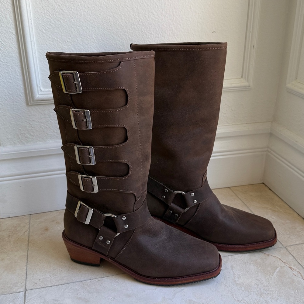 New Custom Coachella Festival Boots Buckle Harness Leather Brown US 7.5